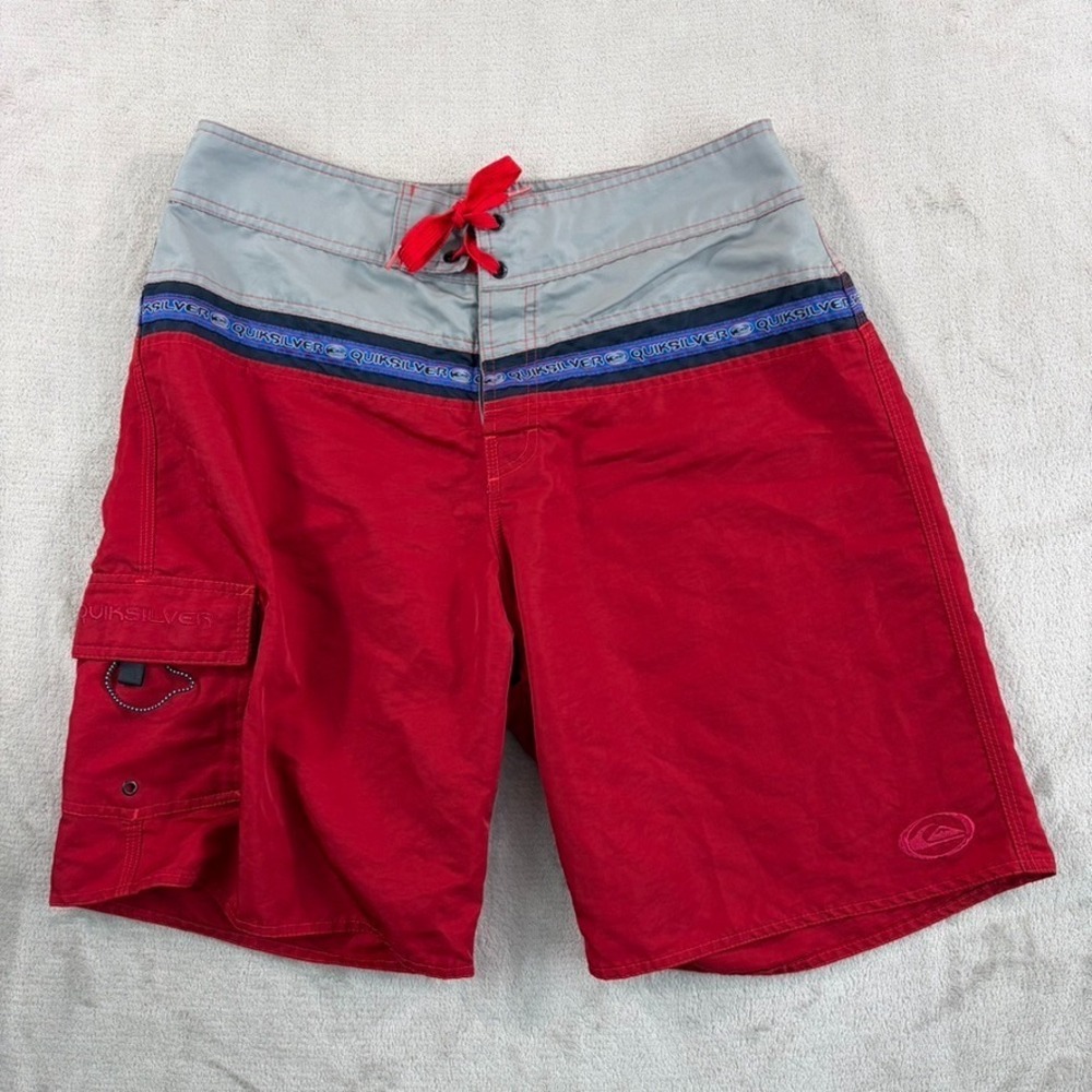 Vintage‎ Quiksilver Board Shorts in Red Grey Multi SpellOut Logo Surf Pocket 33